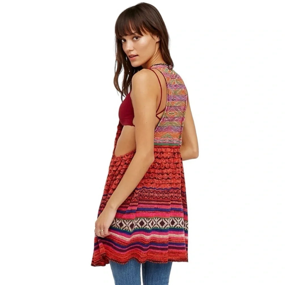 Free People Rare Hearts Tunic Knit Open Sides Multicolor Bohemian Top Womens Med